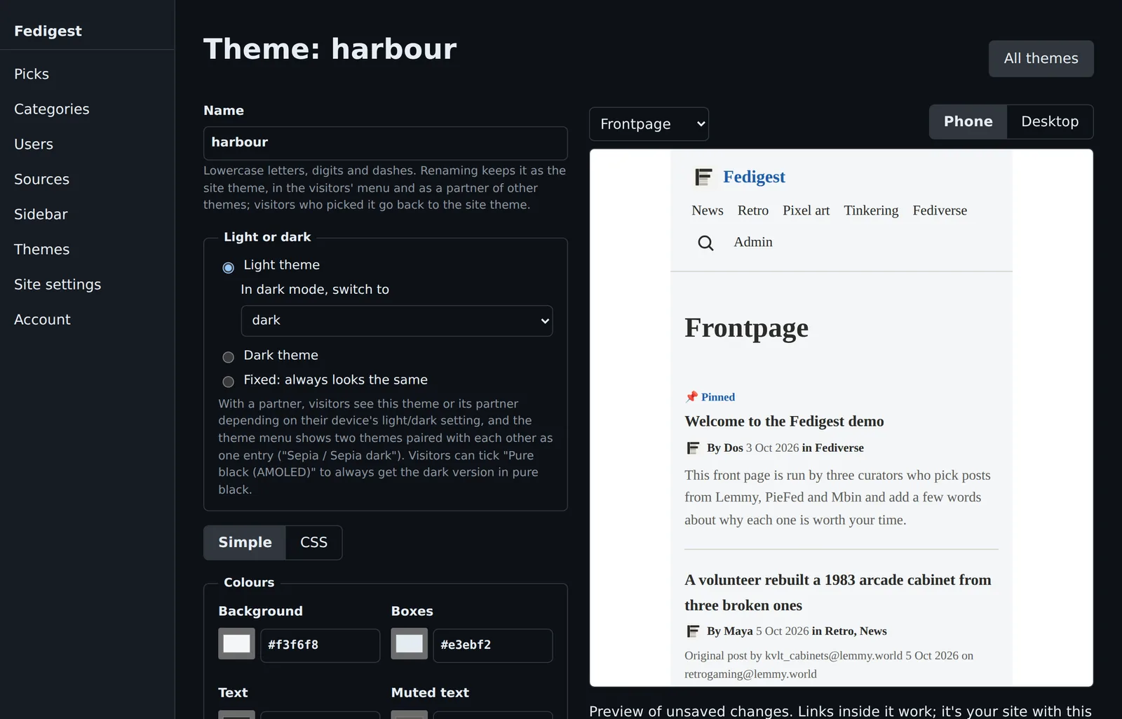 The theme editor with light and dark pairing, colour pickers and a live phone-sized preview