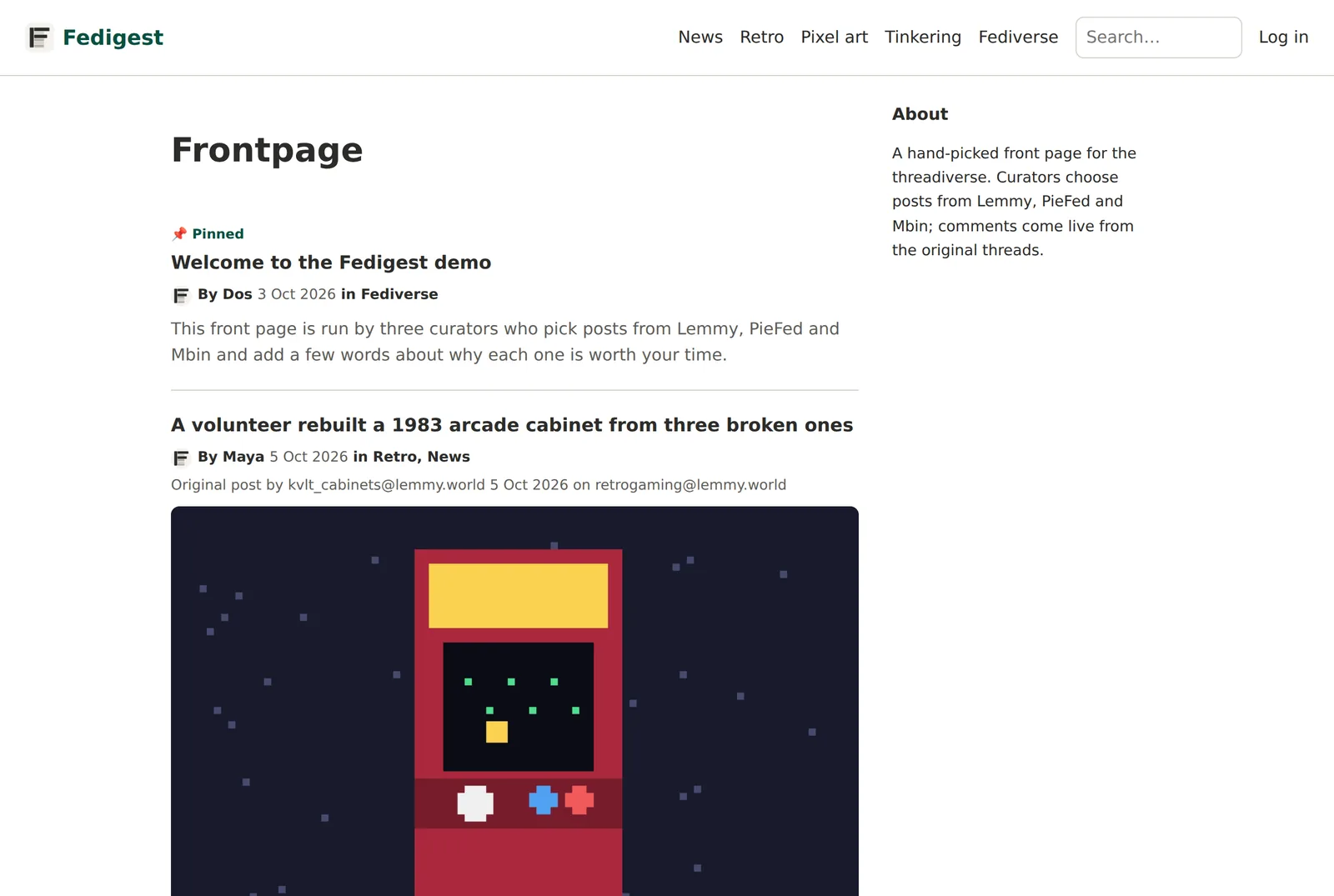 A Fedigest front page with a pinned welcome post and a picked post about a restored arcade cabinet