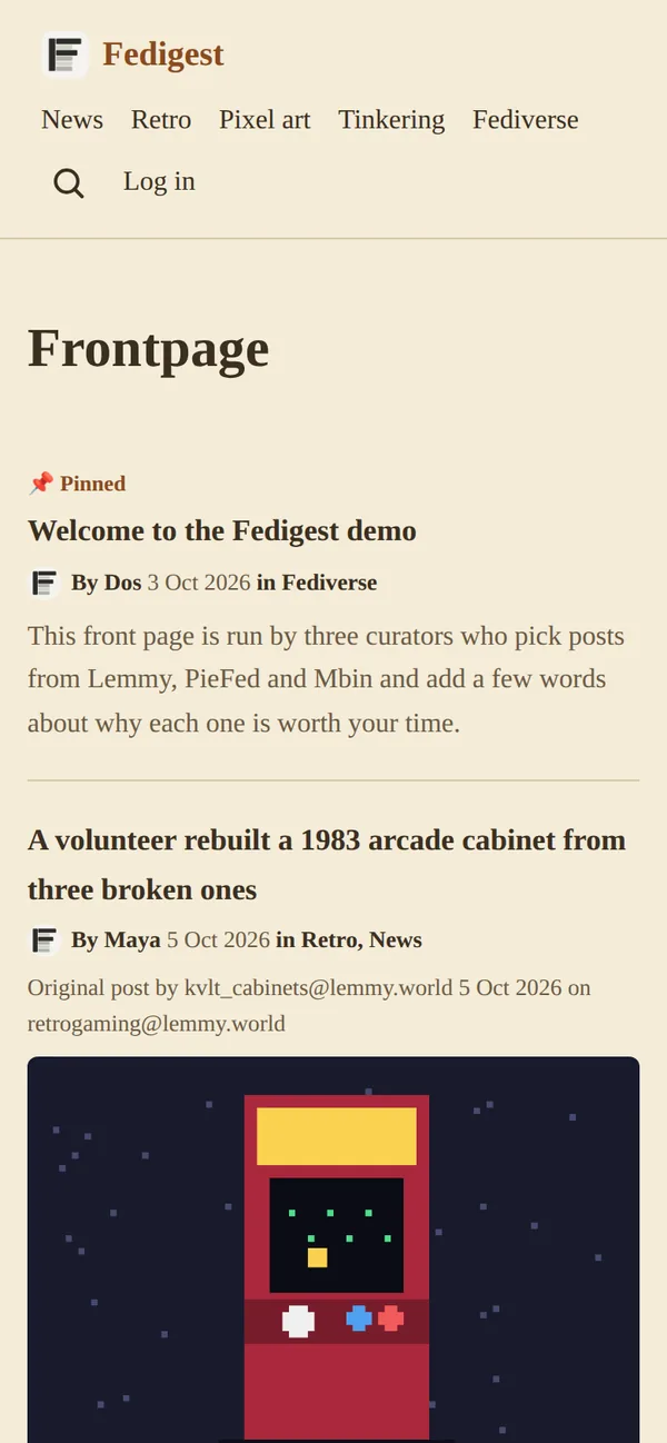 The front page on a phone in the Sepia theme