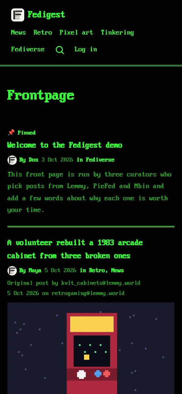 The front page on a phone in the green Terminal theme