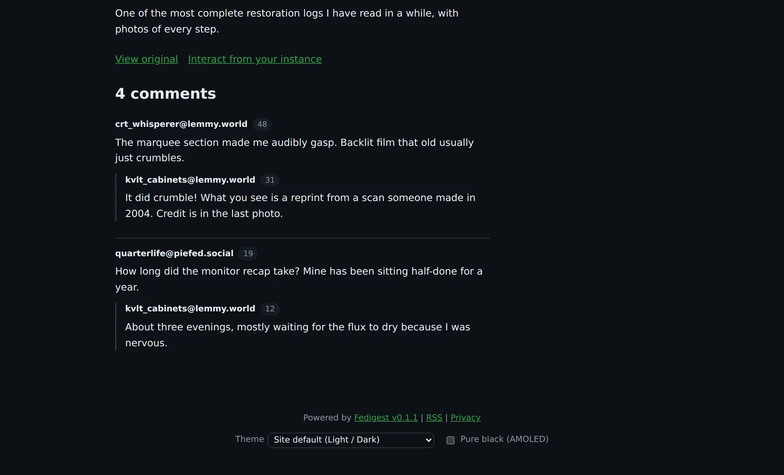 A post page with View original and Interact from your instance links, followed by comments from the original thread
